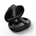 Angled view of the black Haylou Mori Plus Earbuds and their open charging case, highlighting the metal stems.