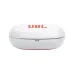 Closed white JBL Endurance Peak 4 charging case with orange JBL logo and LED battery indicators