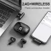 Desk setup view of Onikuma TX612 Wireless Gaming Earbuds beside laptop and smartphone emphasizing 2.4GHz wireless connection use
