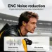 Close-up promotional view of Onikuma TX616 Wireless Gaming Earbuds worn during gameplay highlighting ENC noise reduction feature displayed