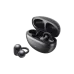 Black QCY Crossky C50 open-ear earbuds with ear hooks, one resting in the open, black, textured charging case.