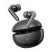 Black QCY MeloBuds N70 earbuds with metallic stems floating above their open, domed charging case.