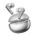 Silver QCY MeloBuds N70 earbuds with metallic stems floating above their open, domed charging case.
