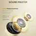 Graphic view of Realme Buds Air 8 dual drivers with golden sound waves, showcasing precision audio and layered sound quality.
