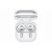 Samsung Galaxy Buds4 white charging case open, glossy finish, molded compartments with charging contacts