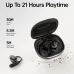 Weofly OutFits shown with its open charging case and earbuds highlighting up to 21 hours of combined playtime.