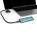Blue metal Onten OTN-UCA321 USB-C adapter/hub connected to a MacBook Air laptop.