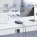 A black Orico hard drive enclosure connected on a white desk, with icons illustrating its four layers of protection.