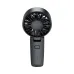 Frontal view of the ACEFAST YF2 matte black handheld mini fan showing the circular multi-blade fan head, central power button, four blue LED indicator dots, and subtle ACEFAST branding on the handle.