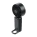 Back perspective view of the upright ACEFAST YF2 black handheld fan highlighting the fan housing grille, side USB-C charging port, anti-slip rubber pads on the handle back, and the bottom carabiner loop.