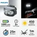 Front product view of Philips SFL3342RH/56 Headlamp showing dual lenses, USB port, and brightness specifications.