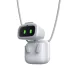Front view of the AIBI Pocket AI Pet showing its small robot head with green-lit eyes hanging from a neck strap.