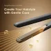 Open straightener plates emitting gold light rays to illustrate negative ion hair care and moisture protection.