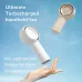 Lifestyle view of the Jisulife Life5 Plus FA43 Mini Handheld Fan shown above a hand with text promoting portable turbo airflow.