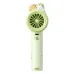 Front view of the Jisulife Pro1 Maltese Edition Mini Handheld Fan showing its green body, circular grille, and decorative top detail.