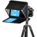 Front perspective view showing camera and tripod setup of LENSGO TC7S Teleprompter for Smartphone.