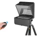 Angled front view showing tripod-mounted setup and remote control for LENSGO TC7S Teleprompter for Smartphone.