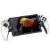 Front angled view of M28 handheld gaming console with dual controllers and screen displaying colorful bird image