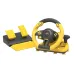 A yellow and black PXN V3 PRO racing wheel and pedal set, including a shifter, on a white background.