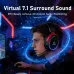 Person wearing AJAZZ AHM10 MAX Headphone with microphone, surrounded by glowing effects symbolizing 7.1 surround sound.