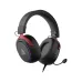Angled view of black and red AJAZZ AHW10 gaming headphone showing RGB ear cup lighting and attached microphone.
