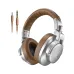 Front view of MAONO MH700 Studio Monitor Headphone with silver frame, brown pads, and dual audio cables included.