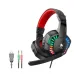 Front-side view of the T-WOLF H120 wired gaming headset displaying colorful RGB LED earcups, cushioned red headband, and built-in microphone.