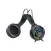 Side and top view of the T-WOLF H140 stereo gaming headset showing its flexible frame, padded earcups, and illuminated RGB design on the ear shell.