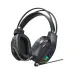 Front-three-quarter view of the T-WOLF H160 black wired gaming headphone highlighting the inner soft ear cushions, metallic dual headband structure, RGB lighting panel, and flexible microphone.