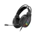 Side profile view of the T-WOLF H160 wired gaming headset displaying the extended flexible boom mic, illuminated T-WOLF RGB logo, and padded over-ear cup design.
