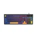 T-WOLF T13 wired gaming keyboard featuring a dark gray frame with navy blue, black, and yellow accent keycaps, round-edged keys, and RGB backlighting.