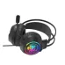 An angled view of the black Xtrike Me GH-516 wired gaming headset with multi-colored RGB lighting on the earcups and a boom microphone.
