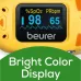 Beurer PO 13 Kids Pulse Oximeter, close-up view showing bright color display with SpO2 and pulse rate readings