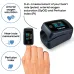 Beurer PO 45 Pulse Oximeter, in-use view attached to fingertip with display and key monitoring features highlighted
