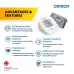 Front view of Omron HEM-7121J BP Monitor with cuff showing features like cuff guide, movement detection, and memory.