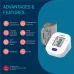 Promotional graphic showing Omron HEM‑7142T2 BP Monitor with listed features and cuff beside the device.