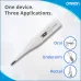 Illustration of Omron MC-246 Digital Thermometer showing three applications: oral, underarm, and rectal measurement.