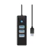 Orico 4 port USB 3.0 hub with three USB-A ports, LED indicator and attached cable for high speed data transfer