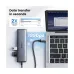 UGREEN CM512 USB-C hub connected to a MacBook. An infographic highlights its 10Gbps (USB 3.2) data transfer speed.