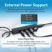 The Vention CHYBB USB-C hub with multiple devices plugged in, highlighting its dedicated 5V-2A external power support port.