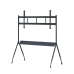 Front view of a dark gray Atomo TVSMS-001 mobile TV stand with VESA mount and lower storage shelf on wheels.