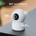 Tabletop view of IMILAB C22 WiFi Camera showing spherical body with 360° pan, 115° tilt, and 6x zoom features.