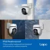 Weatherproof view of TP-Link Tapo C530WS WiFi Camera mounted outdoors in sunny, rainy, stormy, and snowy conditions.