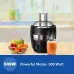 Kitchen view of Philips HR1832/00 Juicer with glass of orange juice and fruit basket emphasizing 500W motor power.