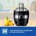 Countertop view of Philips HR1832/00 Juicer beside fresh fruits and glasses of juice highlighting anti-skid feet.