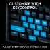 Front view of Logitech PRO X TKL RAPID Keyboard with custom blue keycaps labeled for gaming and media functions.