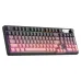 Full-size mechanical keyboard with pink and black keycaps, RGB lighting, and multifunction knob on top right