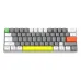 Compact 61-key mechanical keyboard with gray and white keycaps, colorful accents, and minimalist layout design