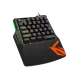 Angled view of the Meetion MT-KB015 Left Handed Gaming Keyboard showing compact key layout with RGB lighting and extended wrist support.