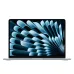 MacBook Air 13 M4 in Sky Blue with vibrant abstract teal display, shown with official warranty badge below the laptop
